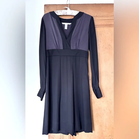 Diane Von Furstenberg | Dresses | Dvf Silk Dress Navy And Black Empire  Waist Aline Silk Dress With Pockets | Poshmark